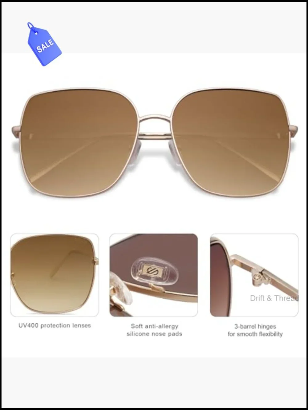 Oversized Square Metal Frame Sunglasses UV400 Protection Retro Big Lens